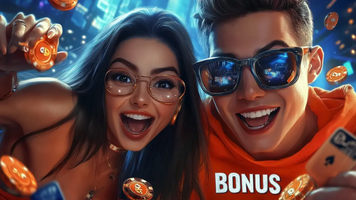 A couple in futuristic gear is ready for some e-sports action, with a 'SPORT BONUS' sign, highlighting the generous bonuses for sports betting fans at 33BD.