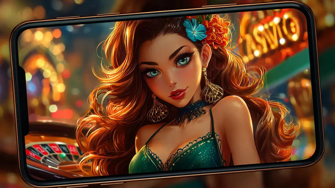 A woman with cat ears and a 'BETTING' top sits in a fiery stadium, holding her phone, ready to place bets on the big game with the easy-to-use 33BD sports app.