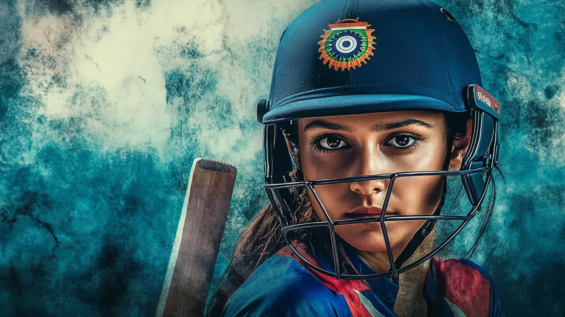A focused female cricket player in an Indian team helmet is ready to bat, representing the passion and excitement of betting on international cricket matches at 33BD.