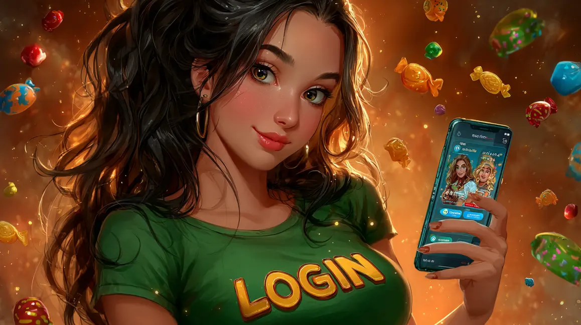 An animated woman is framed by a phone screen showing a 'LOGIN CASINO' sign, inviting you to sign in to the fun and vibrant world of 33BD online casino games.