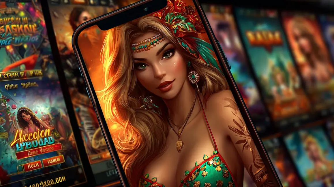 A woman with fiery red hair and tattoos holds a phone with a fantasy slot game, surrounded by the luxe atmosphere of the 33BD casino, where hot jackpots await.
