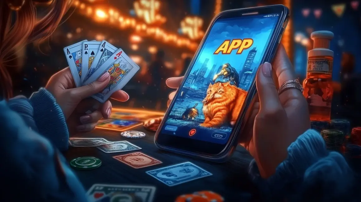 A woman in a cozy winter hat holds a phone with the 33BD app at a poker table, with money floating around, showing you can win big from anywhere, anytime.
